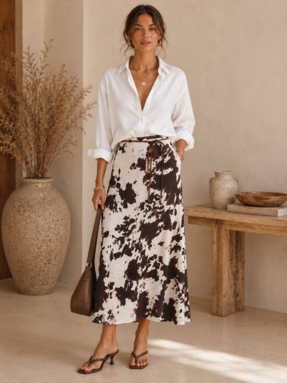 Rachel Zoe Cow Print Satin Midi Skirt Western Chic Animal Print Size 2 NEW